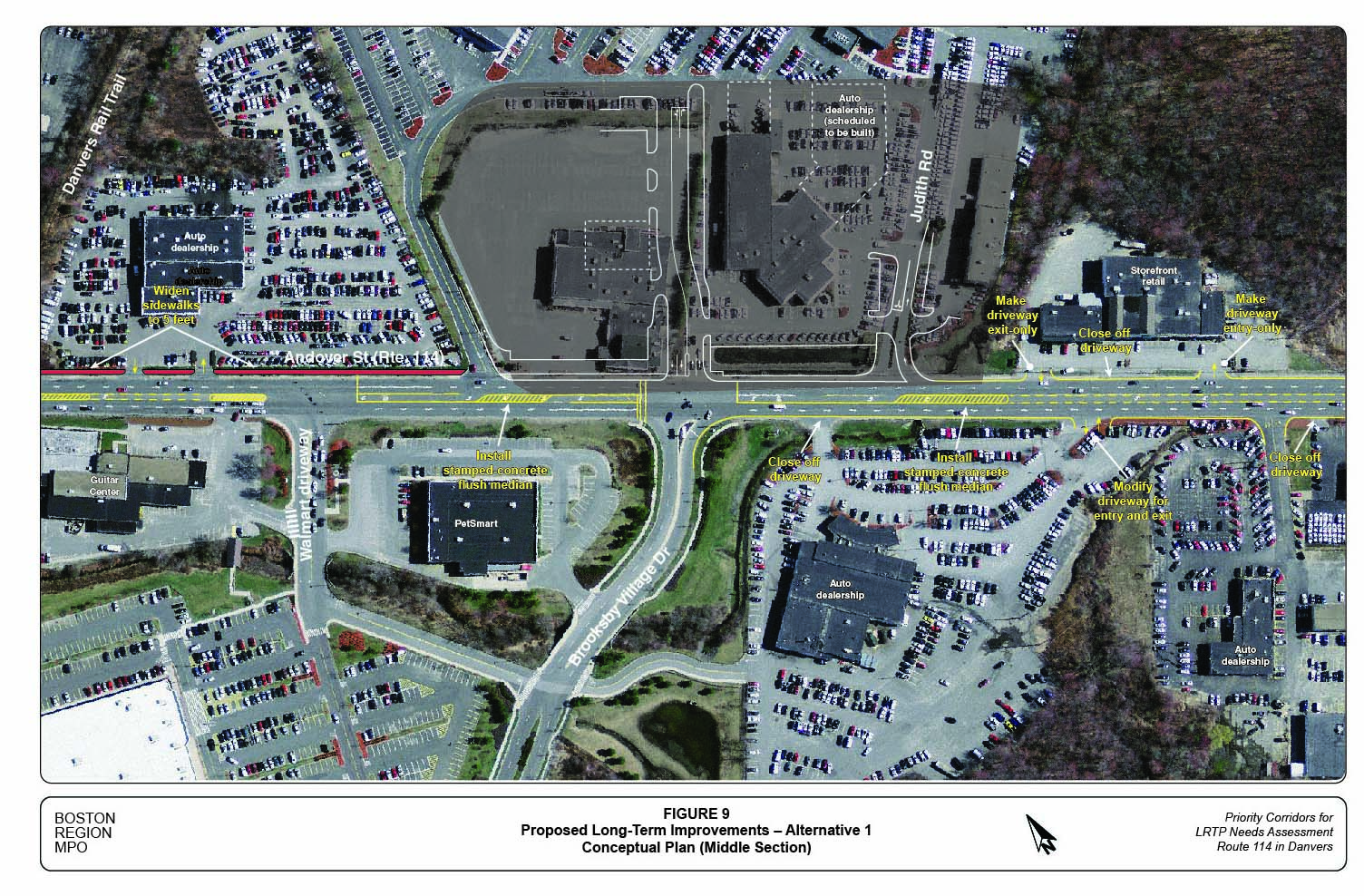 alt="Figure 9 shows the locations and layouts of the proposed long-term improvements in Alternative 1 in the middle section of the study corridor."